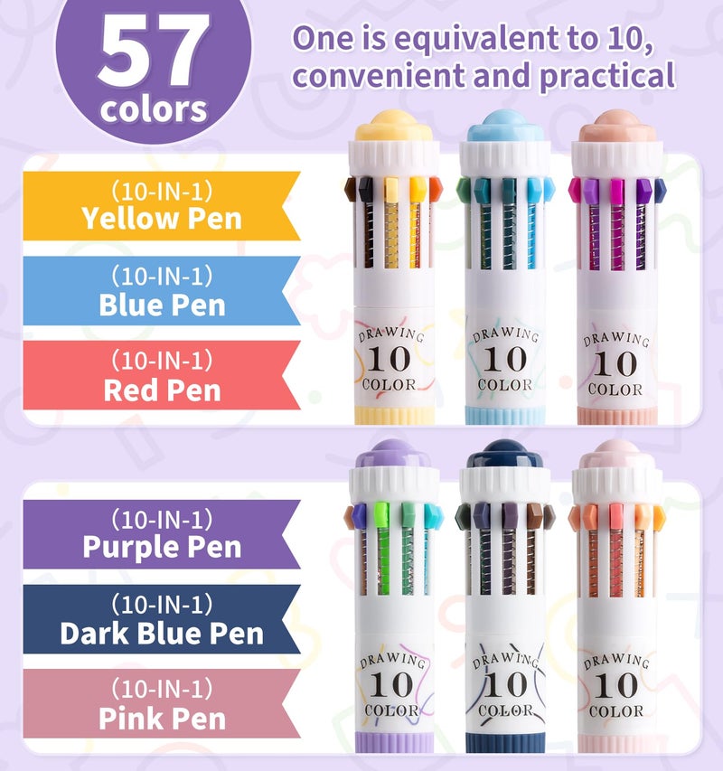 Joyask 6 Park Multicolor Pens, 10-in-1 Colored Ballpoint Pen, 57 Colors, 0.8mm Fine Point Smooth Writing, Retractable Ballpoint Pens for Office School Students Children - Image 3