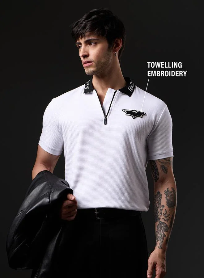 Men White Ottoman Textured Polo with Batman Embroidery