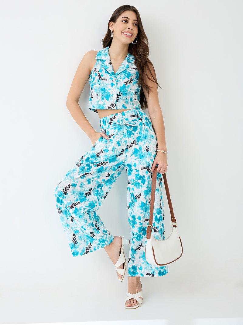 globus Globus Women Blue Notched Lapel Floral Print Crop Shirt & Wide Leg Trousers Co-Ord Set  - Image 1