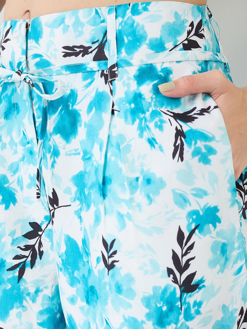 globus Globus Women Blue Notched Lapel Floral Print Crop Shirt & Wide Leg Trousers Co-Ord Set  - Image 5