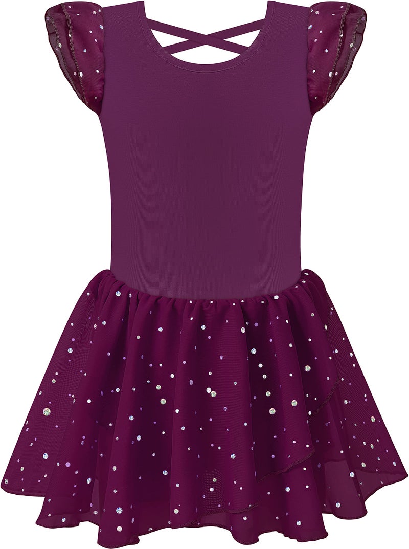 MOLLDAN Girls Dance Leotards for Ballet Dress Shiny Skirt Ruffle Sleeve Crisscross Back(QT4043-10-M) - Image 2