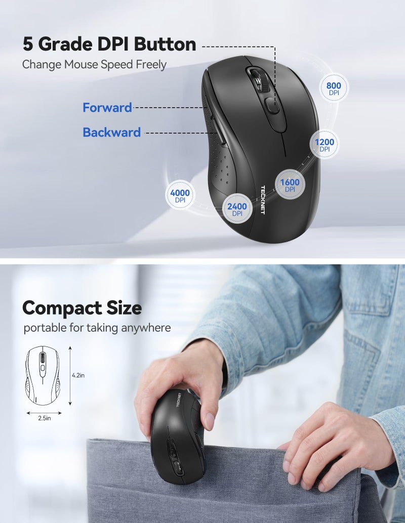 TECKNET ماوس لاسلكي TECKNET للكمبيوتر المحمول، ماوس بصري مريح 2.4G ماوس بلوتوث صامت (BT5.0) 4000DPI قابل للتعديل، ماوس هادئ محمول للكمبيوتر الشخصي مع مستقبل USB-A و 6 أزرار لماك، بطارية لمدة 18 شهرًا - Image 3