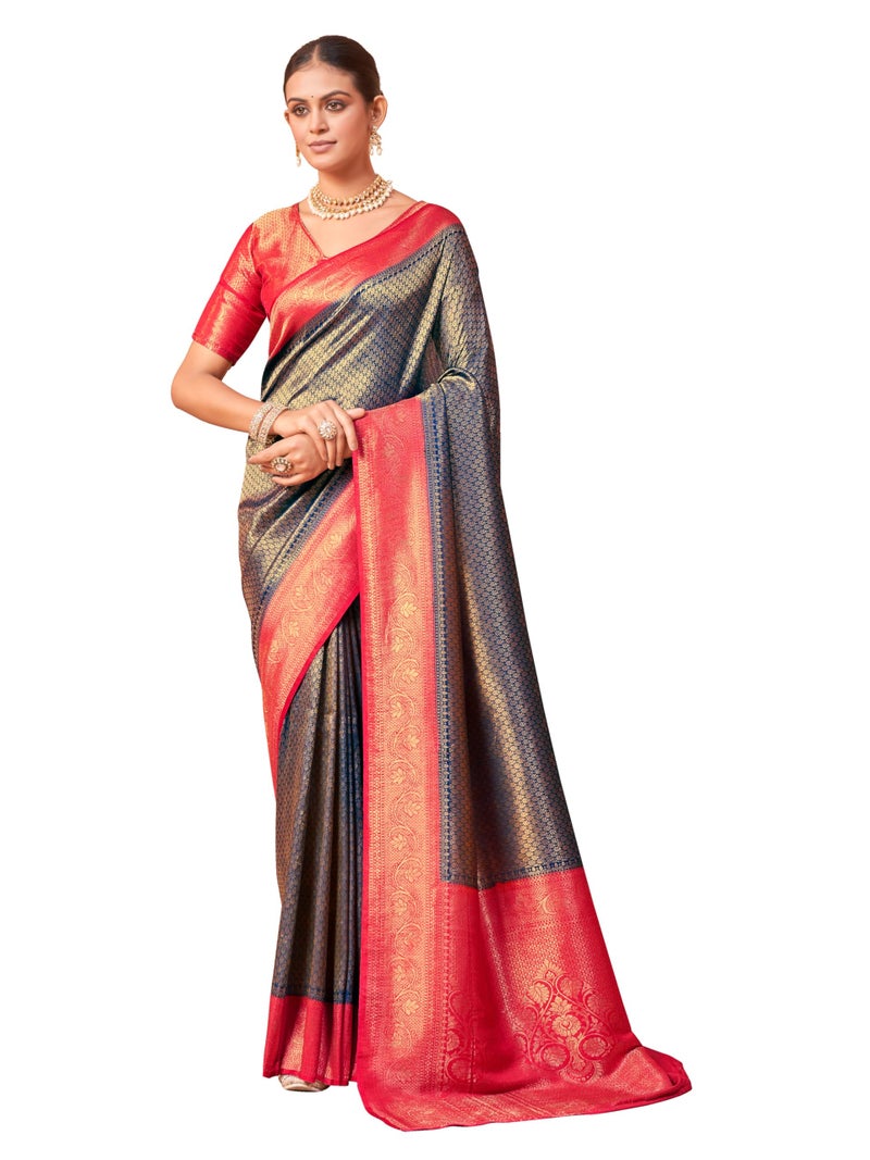 Glory Sarees Women’s Woven Pure Soft Kanjivaram Silk Hand Dyed Saree Banarasi Style With Blouse Piece (Soft Silk Saree101_Blue) - Image 1