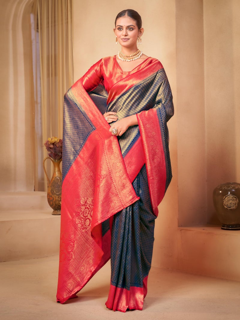 Glory Sarees Women’s Woven Pure Soft Kanjivaram Silk Hand Dyed Saree Banarasi Style With Blouse Piece (Soft Silk Saree101_Blue) - Image 5