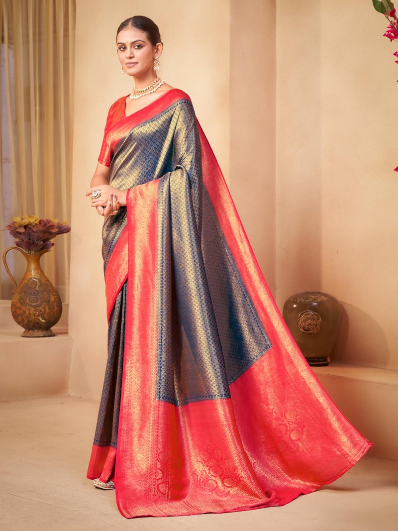 Glory Sarees Women’s Woven Pure Soft Kanjivaram Silk Hand Dyed Saree Banarasi Style With Blouse Piece (Soft Silk Saree101_Blue) - Image 2