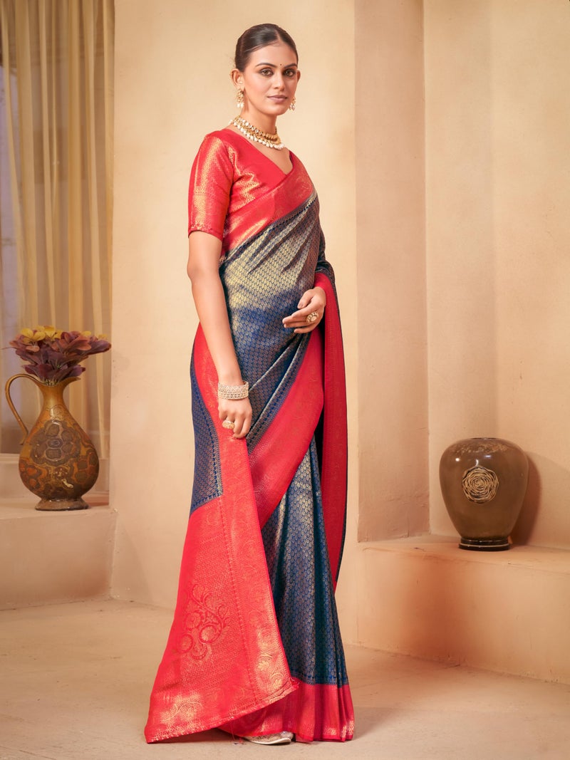 Glory Sarees Women’s Woven Pure Soft Kanjivaram Silk Hand Dyed Saree Banarasi Style With Blouse Piece (Soft Silk Saree101_Blue) - Image 4