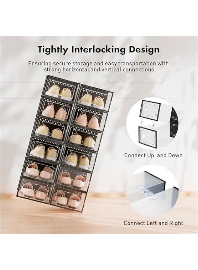 Arabest 15 Pack Clear Plastic Shoe Storage Box Organizer for Closet, Interlocking Foldable Rack with Lids, Stackable Container Bins for Sneakers, Black Color.  - Image 3