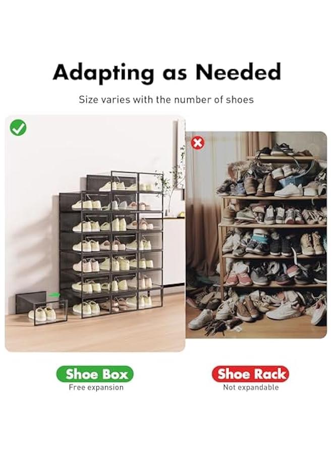 Arabest 15 Pack Clear Plastic Shoe Storage Box Organizer for Closet, Interlocking Foldable Rack with Lids, Stackable Container Bins for Sneakers, Black Color.  - Image 4