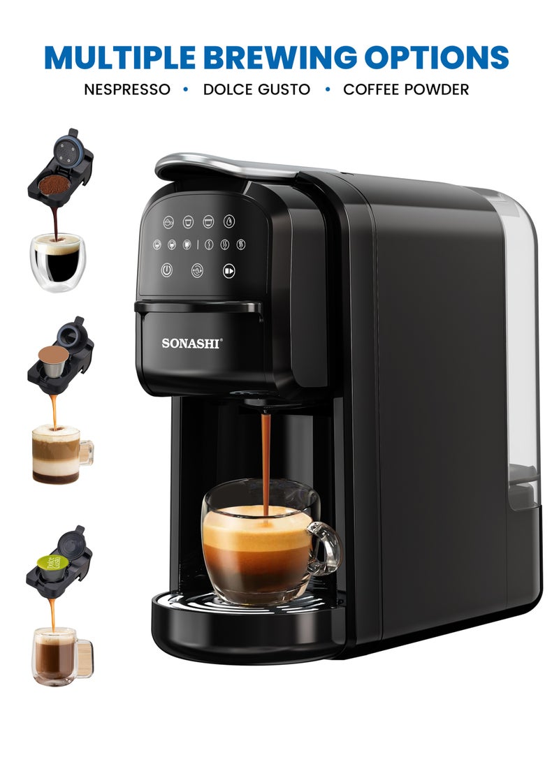 SONASHI 3 in 1 Digital Multi Capsule Coffee Machine - with 700ML Detachable Water Tank | 20 Bar Powerful Pressure with Smart Touch Control Panel and Indicator Light | 3 Optional Adaptors - Nespresso/Dolce Gusto/Coffee Powder and Auto Shut Off Options | Cafe Style Coffee Maker with FREE Handheld Portable Garment Steamer 700 ml 1400 W SCM-4985 + SGS-315 Black/Silver - Image 2