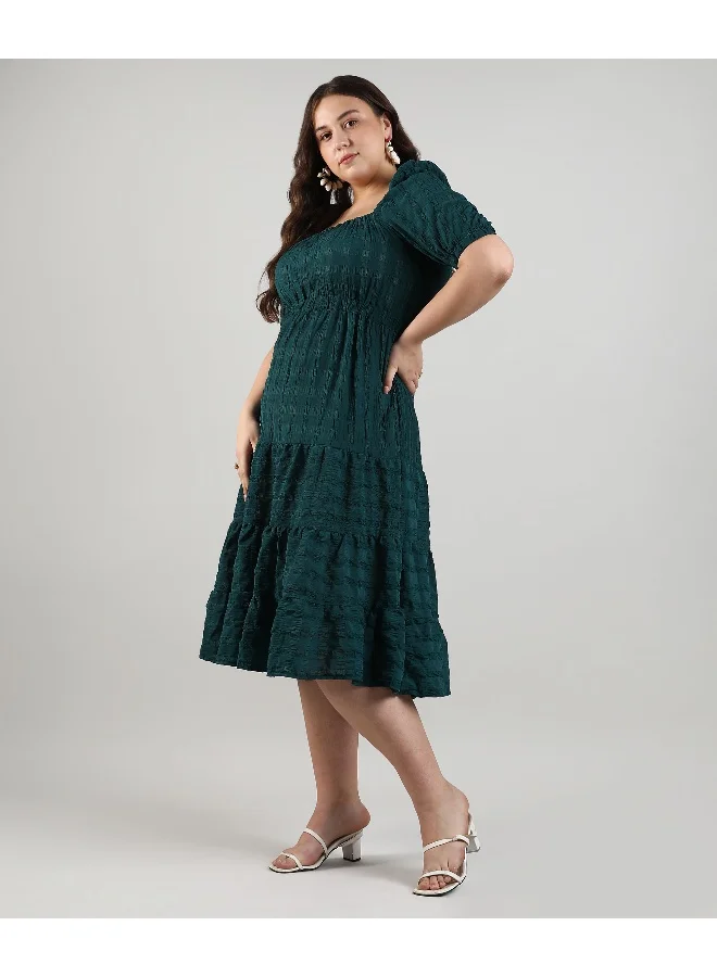 Instafab Plus Women's Emerald Green Creased Midi Dress For Casual Wear | Square Neck | Short Sleeve | Pull On Closure | Plus-Size Dress Crafted With Comfort With For Everyday Wear