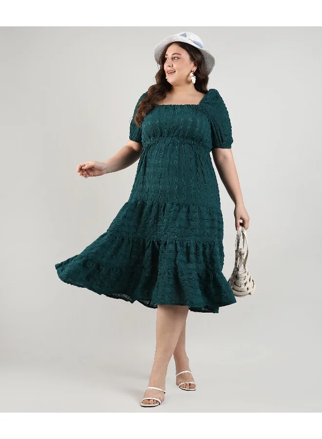 Instafab Plus Women's Emerald Green Creased Midi Dress For Casual Wear | Square Neck | Short Sleeve | Pull On Closure | Plus-Size Dress Crafted With Comfort With For Everyday Wear
