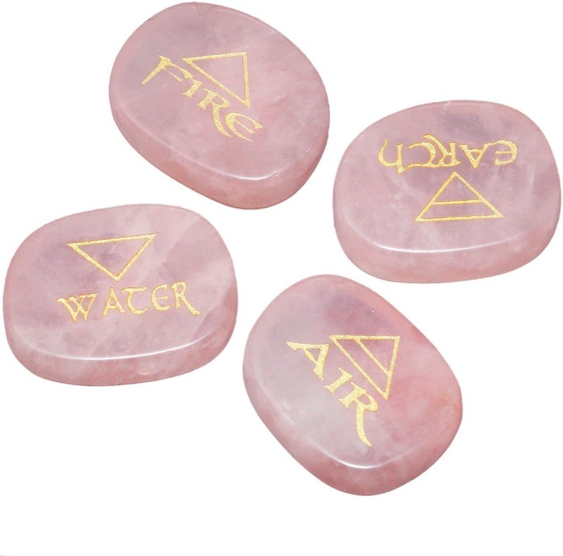 Rockcloud Healing Crystal 4pcs Engraved Triangle Symbol Stones Palm Stones Reiki Balancing,Rose Quartz