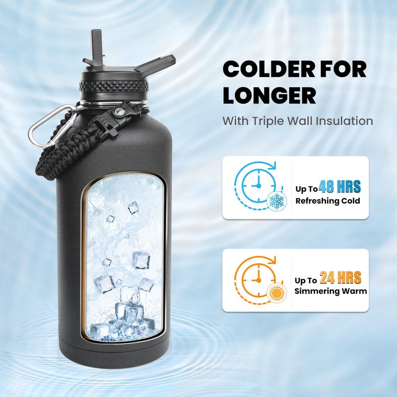 RAYMYLO Insulated Water Bottle 87 oz, Triple Wall Vacuum Stainless Steel (Cold for 48 Hrs), Leak Proof & Non-BPA, Modern Water Flask Jug with Paracord Handle & Straw Spout Lids, Magic Black - Image 2