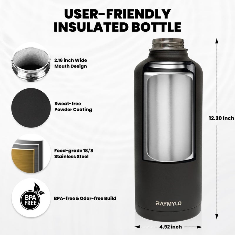 RAYMYLO Insulated Water Bottle 87 oz, Triple Wall Vacuum Stainless Steel (Cold for 48 Hrs), Leak Proof & Non-BPA, Modern Water Flask Jug with Paracord Handle & Straw Spout Lids, Magic Black - Image 5