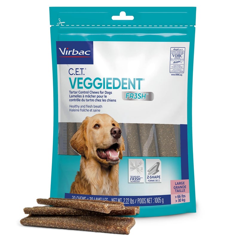 Virbac CET Veggiedent FR3SH Tartar Control Chews for Large Dogs Over 66 Pounds, Plant-Based Formula, 30 Count Bag - Image 1