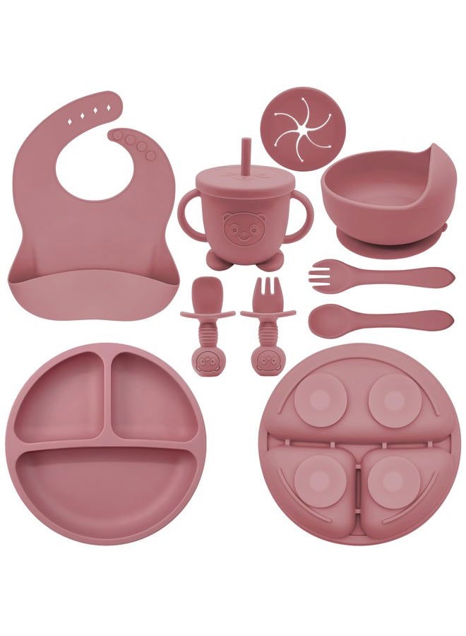 Munlinder Silicone Baby Feeding Set | Baby Led Weaning Supplies Includes Suction Bowls and Divided Plates, Adjustable Bib, Baby Utensils Spoons and Forks,Cup | Baby Feeding Essentials (Red) - Image 1