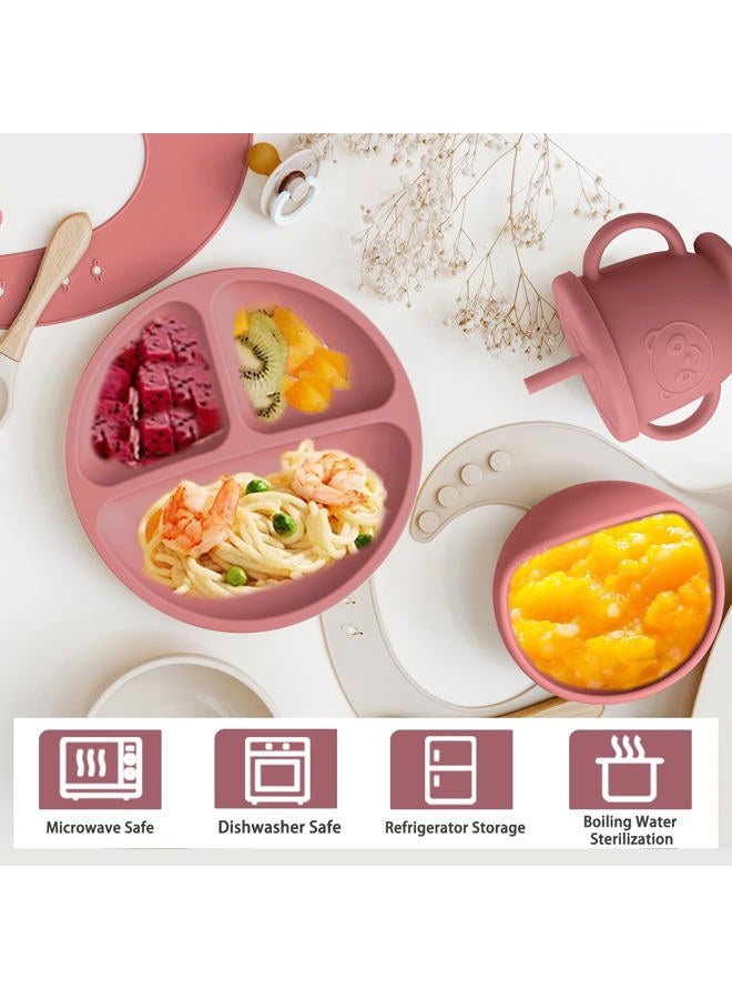 Munlinder Silicone Baby Feeding Set | Baby Led Weaning Supplies Includes Suction Bowls and Divided Plates, Adjustable Bib, Baby Utensils Spoons and Forks,Cup | Baby Feeding Essentials (Red) - Image 4