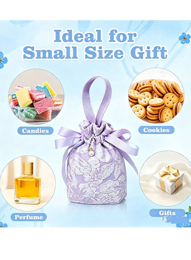Happy D 5 small floral gift bags, canvas purple gift bags, teahouse gift bags with handles, mini drawstring candy gift bags with pearls, suitable for baby showers, wedding parties, birthdays, weddings (purple) - Image 2