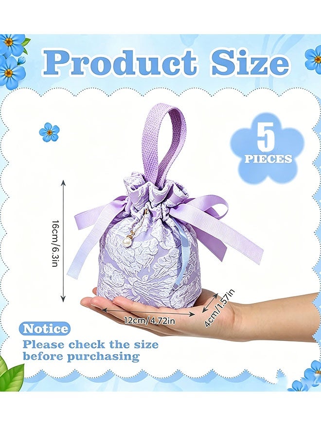 Happy D 5 small floral gift bags, canvas purple gift bags, teahouse gift bags with handles, mini drawstring candy gift bags with pearls, suitable for baby showers, wedding parties, birthdays, weddings (purple) - Image 3