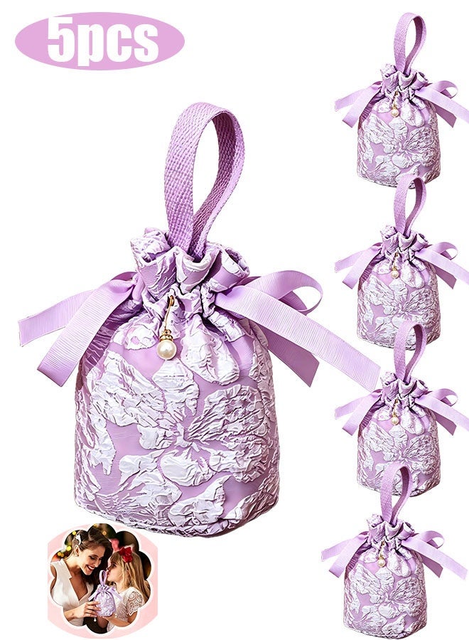 Happy D 5 small floral gift bags, canvas purple gift bags, teahouse gift bags with handles, mini drawstring candy gift bags with pearls, suitable for baby showers, wedding parties, birthdays, weddings (purple) - Image 1