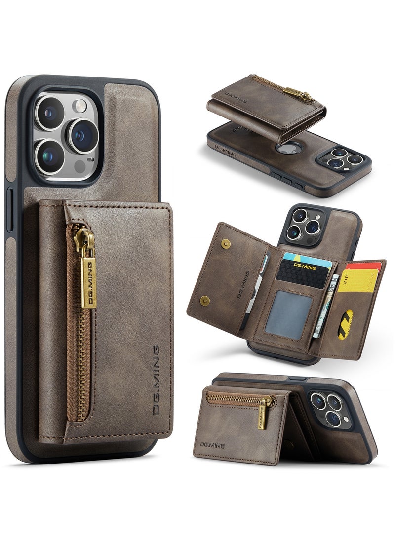 DGMING - CaseMe Wallet Case for iPhone 15 Pro MAX DGMING Premium Leather Phone Case Back Cover Magnetic Detachable with Trifold Wallet Card Holder Pocket - Coffee - Image 1