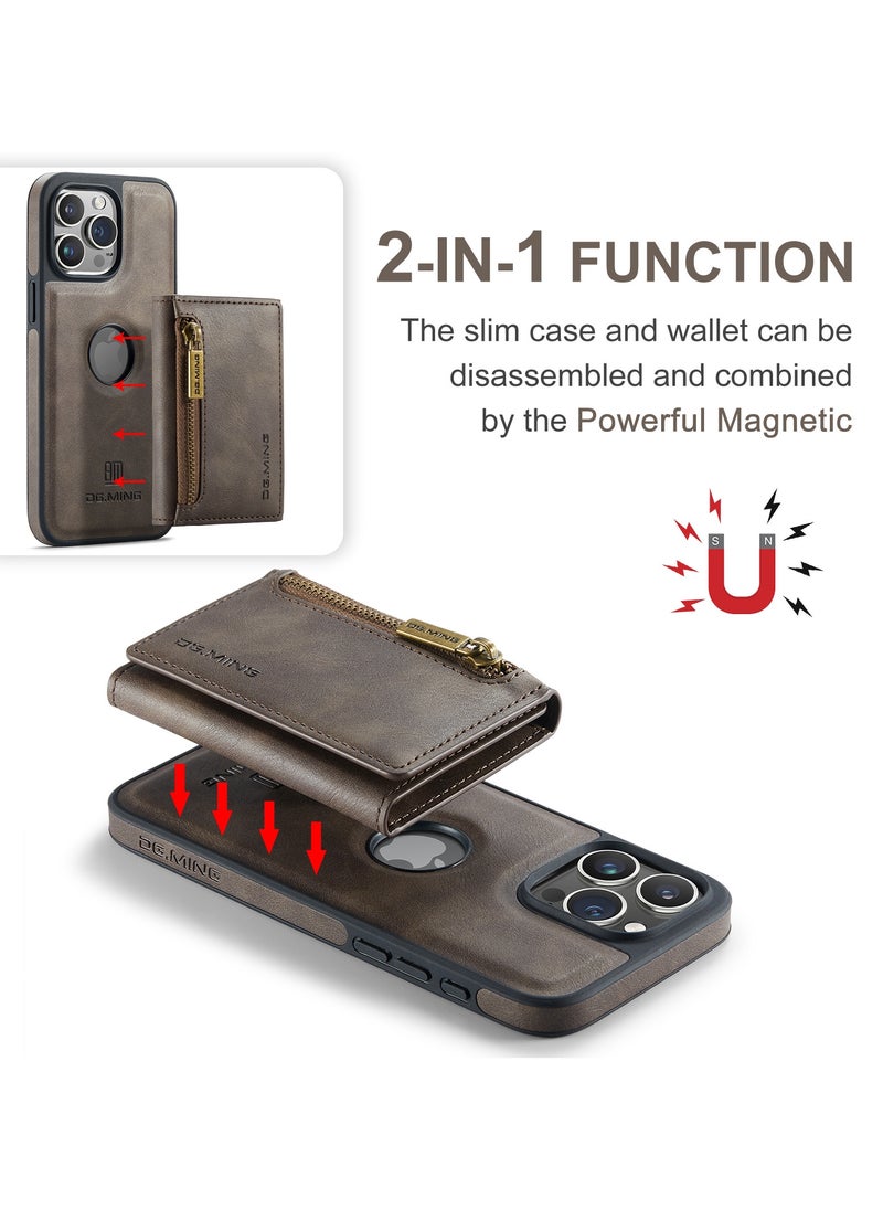 DGMING - CaseMe Wallet Case for iPhone 15 Pro MAX DGMING Premium Leather Phone Case Back Cover Magnetic Detachable with Trifold Wallet Card Holder Pocket - Coffee - Image 1