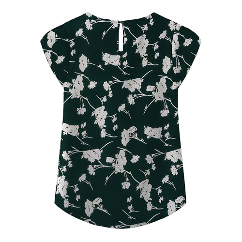 TASAMO Women's Casual Round Neck Basic Pleated Top Cap Sleeve Curved Keyhole Back Chiffon Blouse (Large, FP Dark Green 01) - Image 2