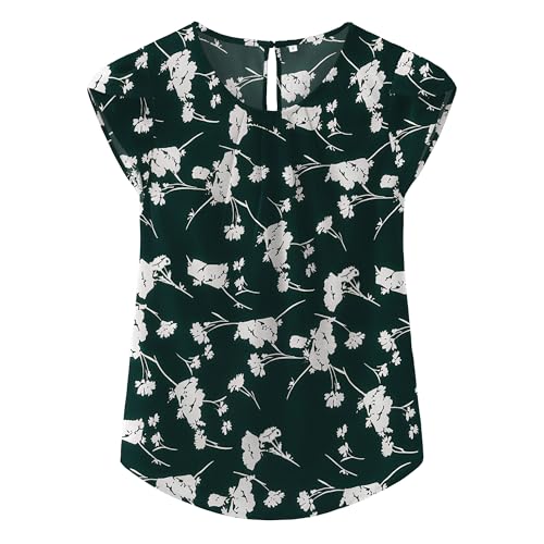 TASAMO Women's Casual Round Neck Basic Pleated Top Cap Sleeve Curved Keyhole Back Chiffon Blouse (Large, FP Dark Green 01) - Image 1