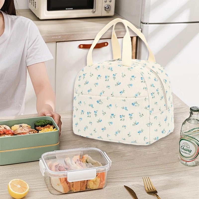 Yusudan Corduroy Lunch Bag for Women Girls Lunch Tote Bags Reusable Insulated Lunch Box for Work Picnic School Travel (Beige Corduroy - Floral Blue) - Image 2