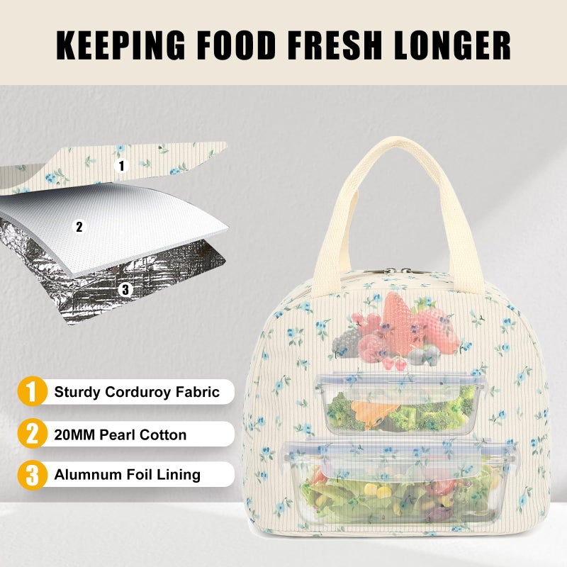 Yusudan Corduroy Lunch Bag for Women Girls Lunch Tote Bags Reusable Insulated Lunch Box for Work Picnic School Travel (Beige Corduroy - Floral Blue) - Image 3