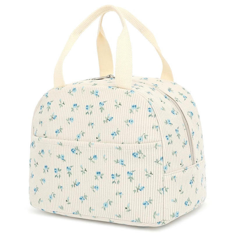 Yusudan Corduroy Lunch Bag for Women Girls Lunch Tote Bags Reusable Insulated Lunch Box for Work Picnic School Travel (Beige Corduroy - Floral Blue) - Image 1