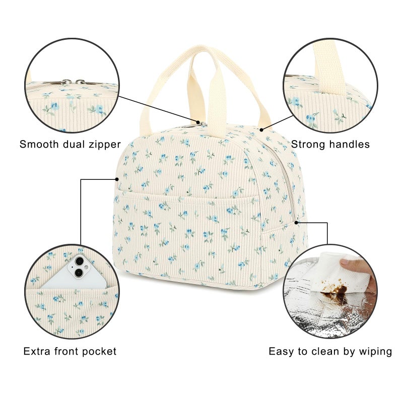 Yusudan Corduroy Lunch Bag for Women Girls Lunch Tote Bags Reusable Insulated Lunch Box for Work Picnic School Travel (Beige Corduroy - Floral Blue) - Image 4