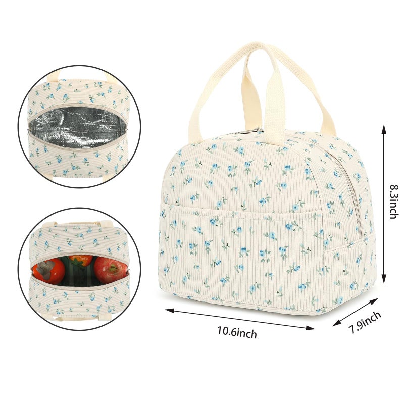 Yusudan Corduroy Lunch Bag for Women Girls Lunch Tote Bags Reusable Insulated Lunch Box for Work Picnic School Travel (Beige Corduroy - Floral Blue) - Image 5