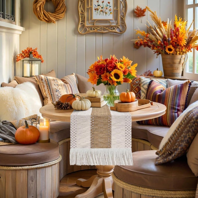 BOHO COFFEE TABLE RUNNER SHORT FALL COFFEE TABLE COVER 48 INCHES LONG WOVEN MACRAME DRESSER RUNNER COVER TOP FOR BEDROOM SIDE TABLE BREAKFAST TABLE CHRISTMAS RUSTIC FARMHOUSE HOME DECOR
