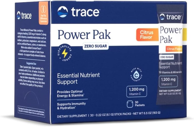 Trace Minerals Power Pak SugarFree  Immune  Energy Health Support  Powder Drink Mix with Vitamins  Minerals  Supports Hydration  Mineral Absorption  Citrus 30 Packets 30 Servings - Image 1