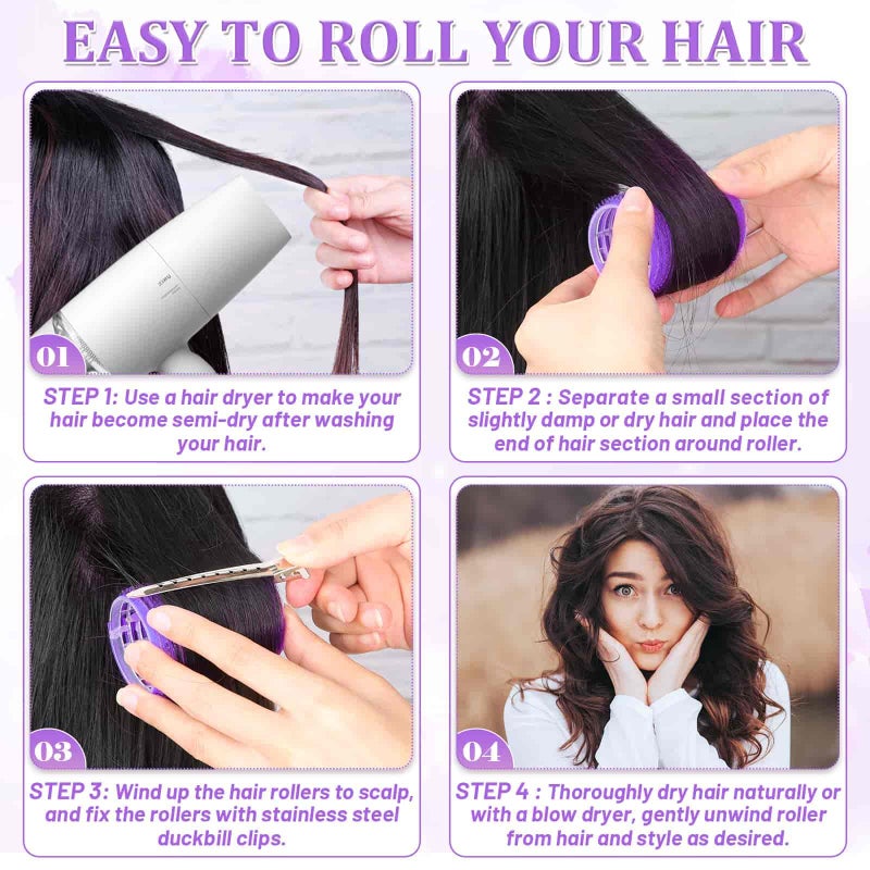 Acejoz Hair Rollers, 12Pcs Large Self-Grip Hair Curlers with 12Pcs Stainless Steel Duckbill Clips, for Long Medium Thick Hair Volume (Purple) - Image 5