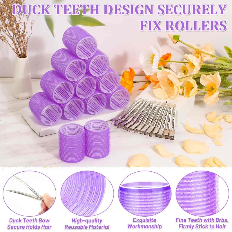 Acejoz Hair Rollers, 12Pcs Large Self-Grip Hair Curlers with 12Pcs Stainless Steel Duckbill Clips, for Long Medium Thick Hair Volume (Purple) - Image 3
