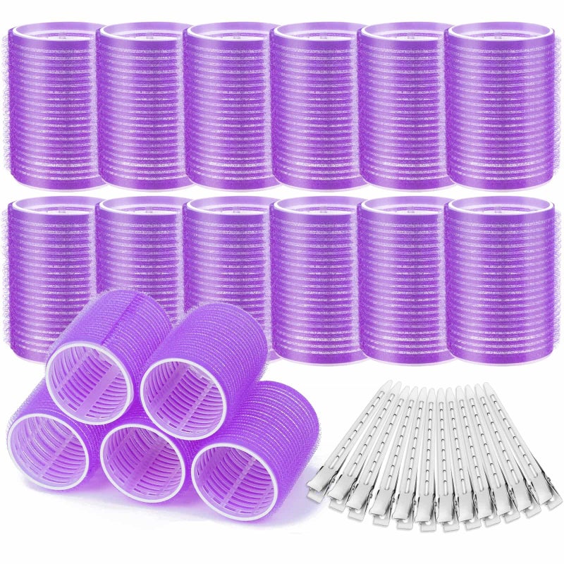Acejoz Hair Rollers, 12Pcs Large Self-Grip Hair Curlers with 12Pcs Stainless Steel Duckbill Clips, for Long Medium Thick Hair Volume (Purple) - Image 1