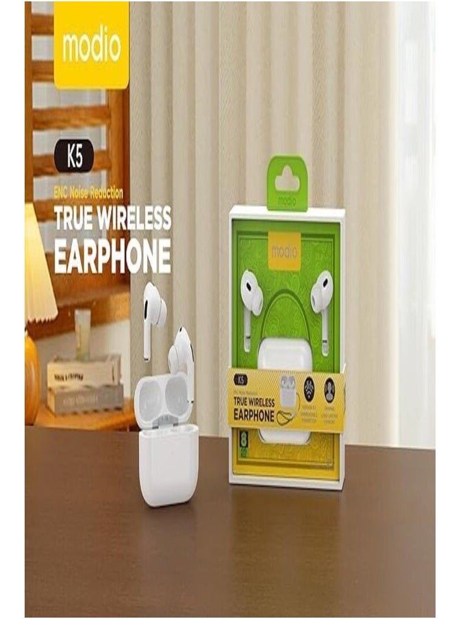 modio - Modio K5 True Wireless Earphone  White With Free Case - Image 1
