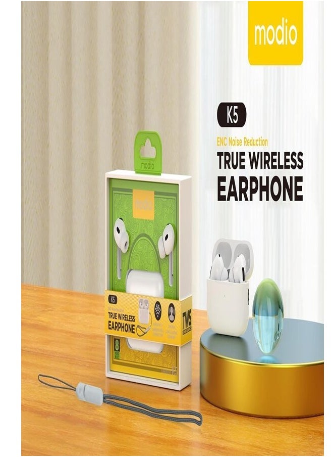 modio - Modio K5 True Wireless Earphone  White With Free Case - Image 1