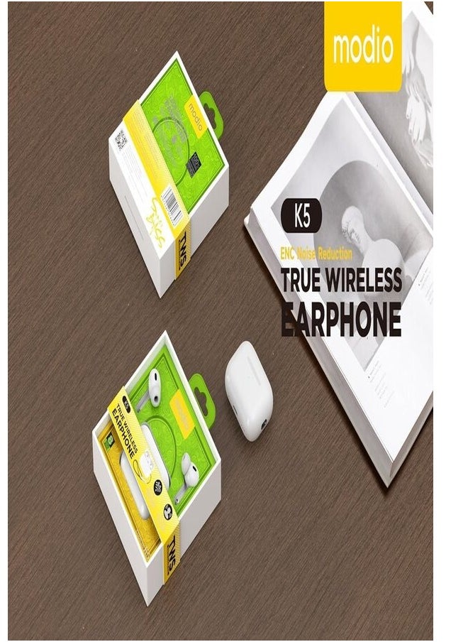 modio - Modio K5 True Wireless Earphone  White With Free Case - Image 1