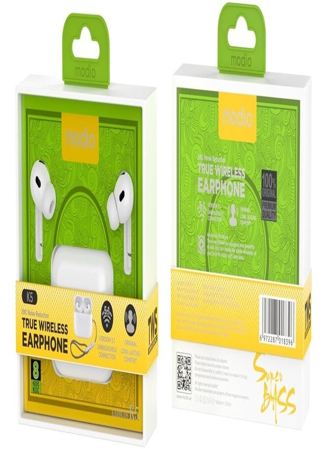modio - Modio K5 True Wireless Earphone  White With Free Case - Image 1