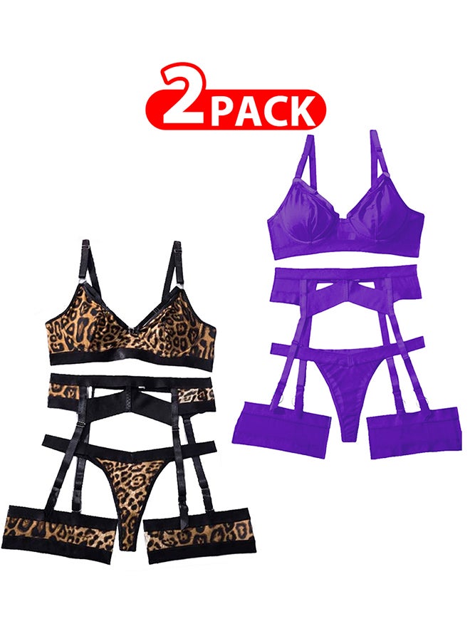 MARGOUN 2 Pack Medium Size Women Sheer Mesh Garter Lingerie Set Strappy Teddy Babydoll Bra and Panty with Leg Ring 4 Piece Lingerie Set - Image 1