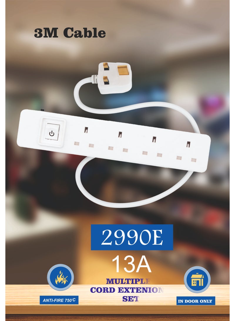 MOVAL Power Extension Cord 3m | 4 Socket Power Strip | Heavy Duty Extension Lead | Multi Plug Extension Cable for Home & Office - Image 1