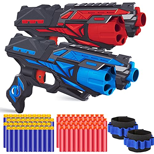 POKONBOY 2 Pack Blaster Toy Guns for Boys Fit for Nerf Guns Darts 6Dart Rotating Barrel Foam Bullets Hand Gun Toys with 80 Refill Darts and 2 Wristbands Gifts for 6 7 8 9 10 Years Kids Christmas - Image 1