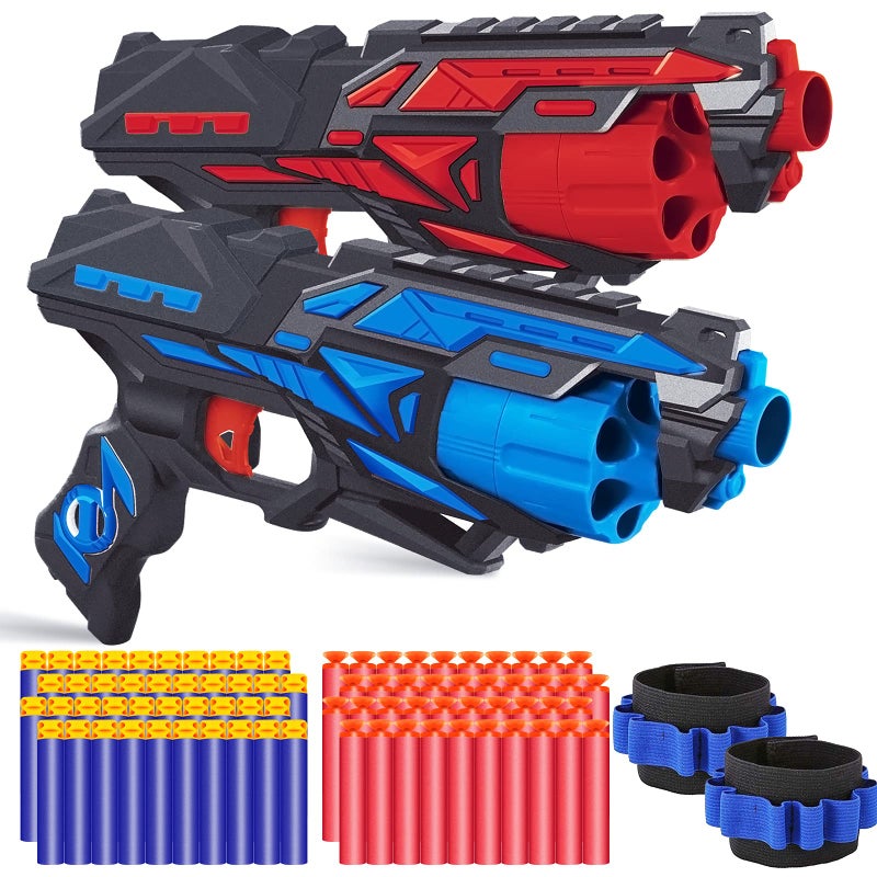 POKONBOY 2 Pack Blaster Toy Guns for Boys Fit for Nerf Guns Darts 6Dart Rotating Barrel Foam Bullets Hand Gun Toys with 80 Refill Darts and 2 Wristbands Gifts for 6 7 8 9 10 Years Kids Christmas - Image 3
