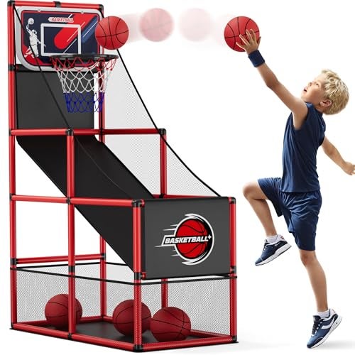 HYES Basketball Arcade Game Indoor Outdoor Kids Basketball Hoop with 4 Balls Pump Single Shot Basketball Game at Home Carnival Games Sport Toys for Boys Girls Teens - Image 1