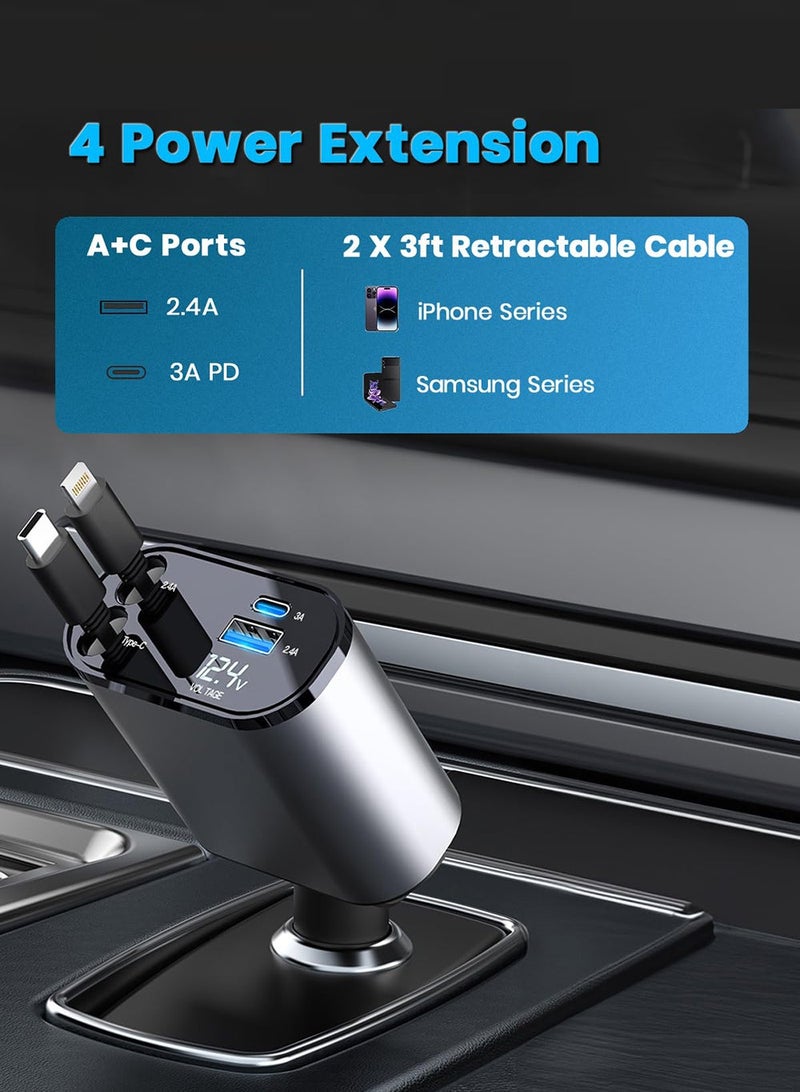 Phone Planet Universal Car Fast Charger C USB Port Retractable Design LED Digital Display 120W 4 in 1 - Image 2