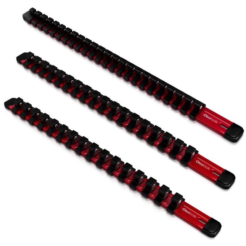 Olsa Tools Aluminum Socket Organizer, 3pc Set - Red Socket Holder Kit 1/2-Inch, 3/8-Inch, and 1/4-Inch Drive - Holds 58 Chrome or Impact Sockets - Professional Grade Socket Rails - Part: 1009