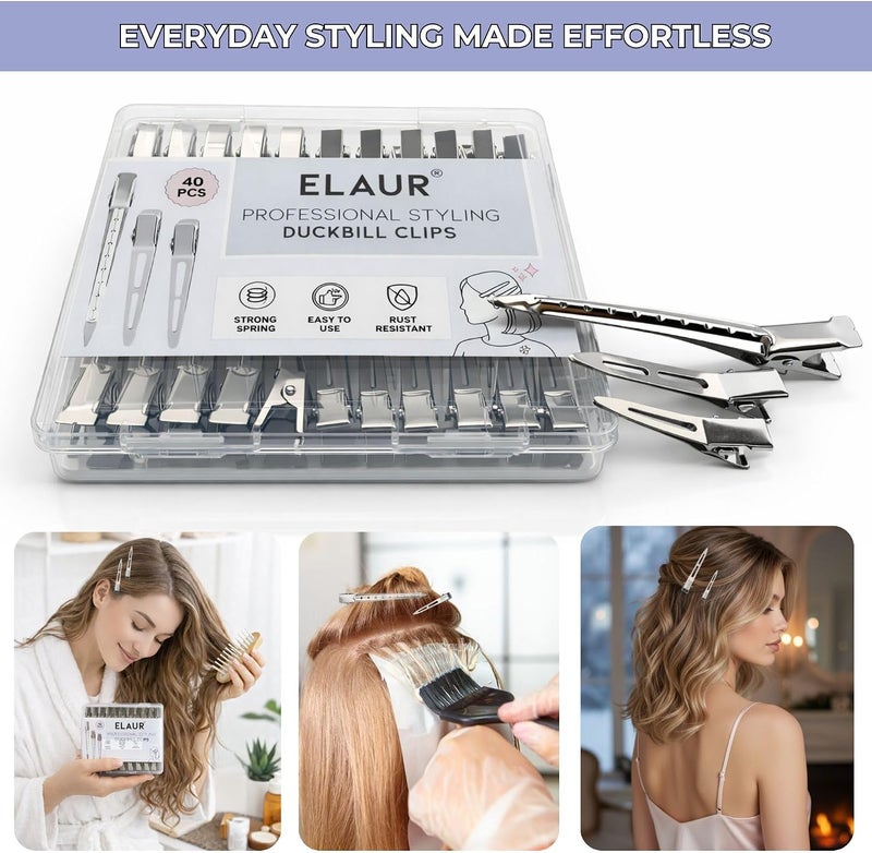 ELAUR 40 Professional Alligator Clips for Hair Styling - 3 Sizes Aluminum Hair Section Clips for Salon & Makeup Applications | Rustless, Lightweight for Stylists & Home Use - Silver - Image 3